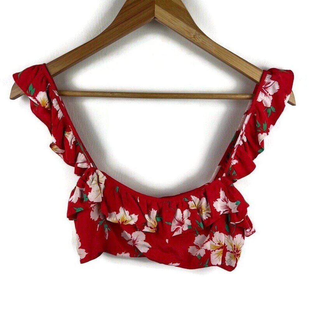 Majorelle Shirt Womens Small Red Floral Crop Top Ruffle Beach Vacation Resort